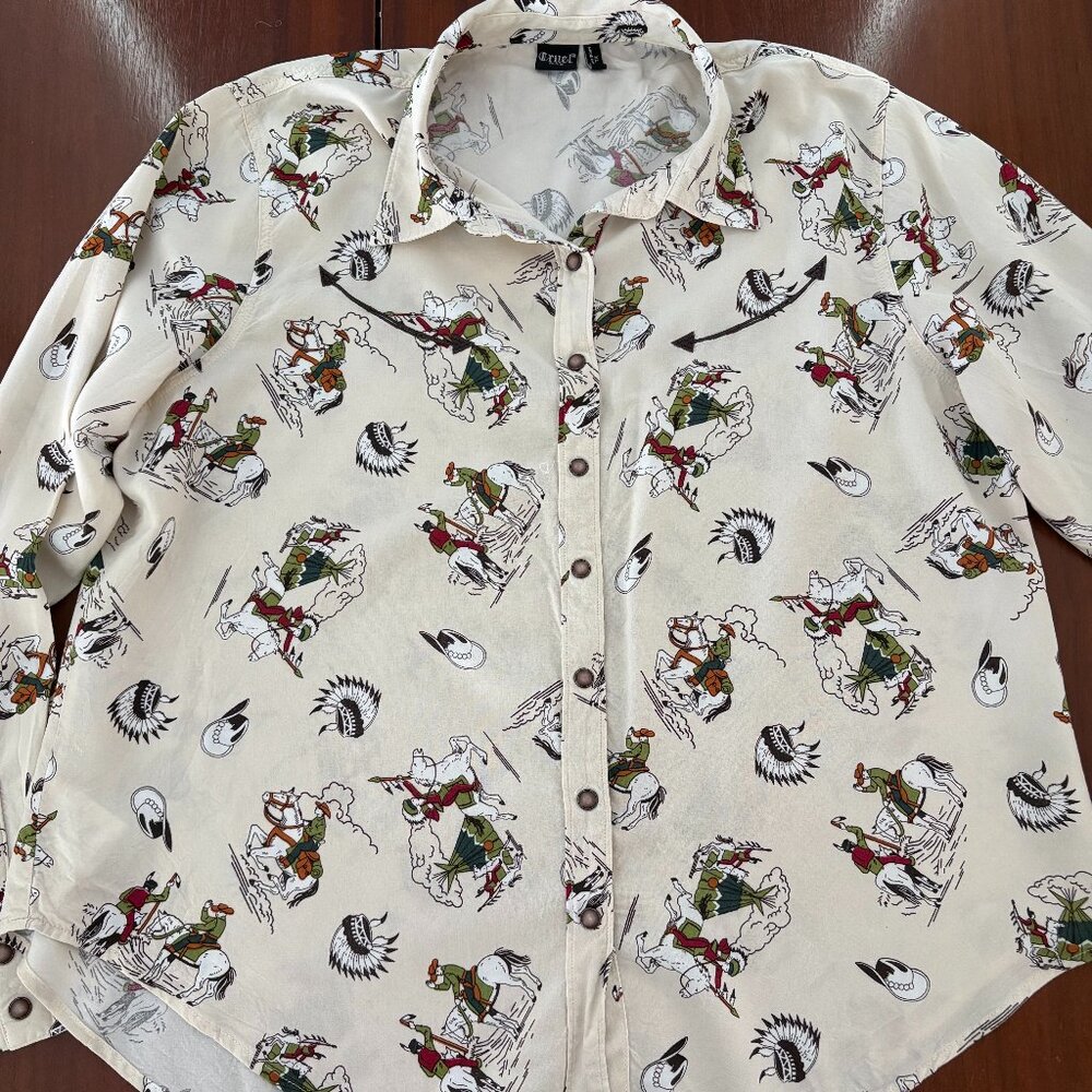 Cruel denim wester print button down top